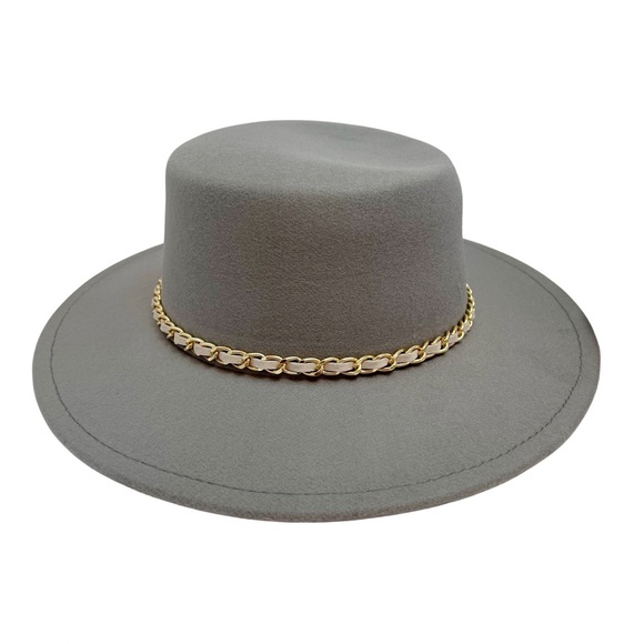 Wide Brim Stone Gray Felt Fedora with Gold Chain - Picture 1 of 9